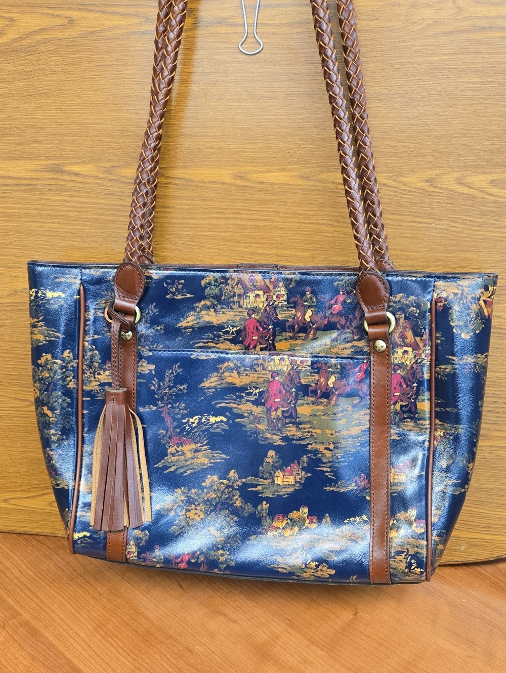 Patricia Nash Navy Scenic Tote with Brown Trim and Tassel